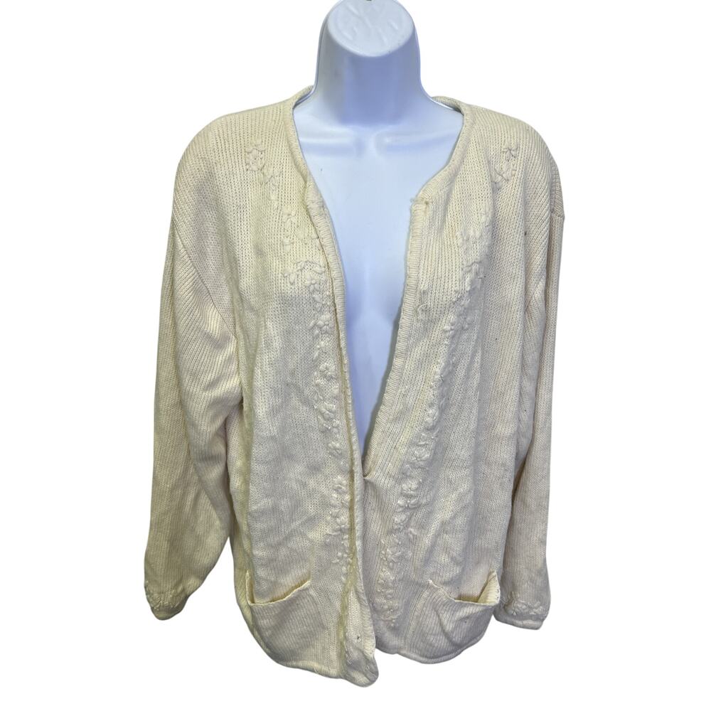 ✨ VTG Crystal-Kobe XL Cream Knit Cardigan Open Front Pockets Cozy Minimal Chic
